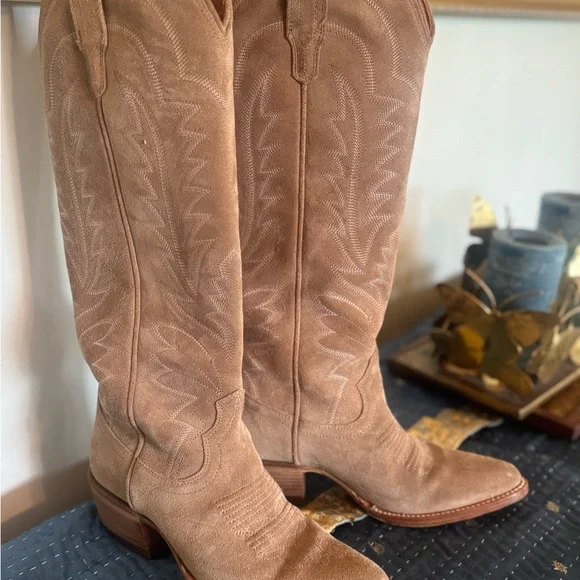 Tecovas Light Brown Suede Heeled Boots - Picture 1 of 5